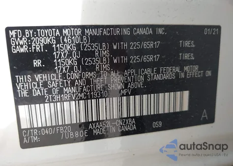 2021 Toyota Rav4 Le из США, поврежденный, VIN 2T3H1RFV2MC119310